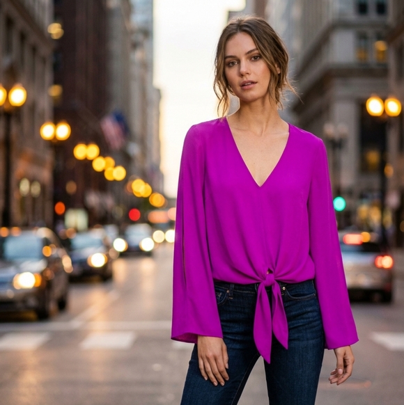 RACHEL Rachel Roy Tops - RACHEL RACHEL ROY PURPLE LONG SLEEVE TIE FRONT TOP